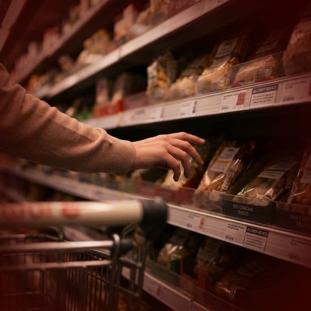 A person looking anxious while reading food labels at a supermarket