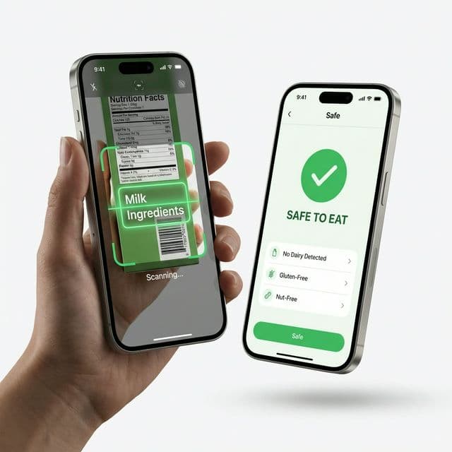 SafeBite app screenshot showing a food label scan with a safety result