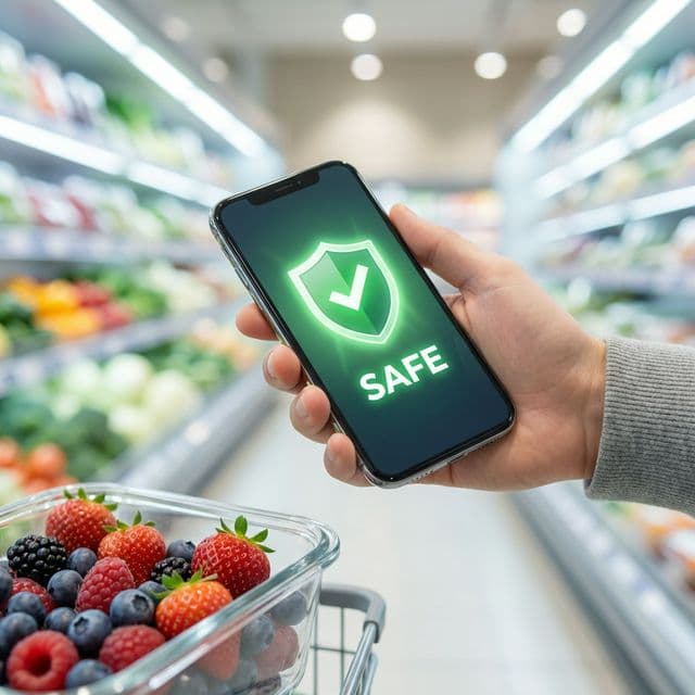 SafeBite app showing a green checkmark confirming a scanned label is dairy-free